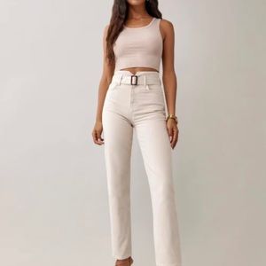 Reformation Cynthia Belted High Rise Straight Jeans in Bone